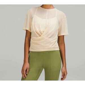 Lululemon Lightweight Mesh Reversible Yoga T-Shirt  Top Prosecco tan Sheer Sz 8